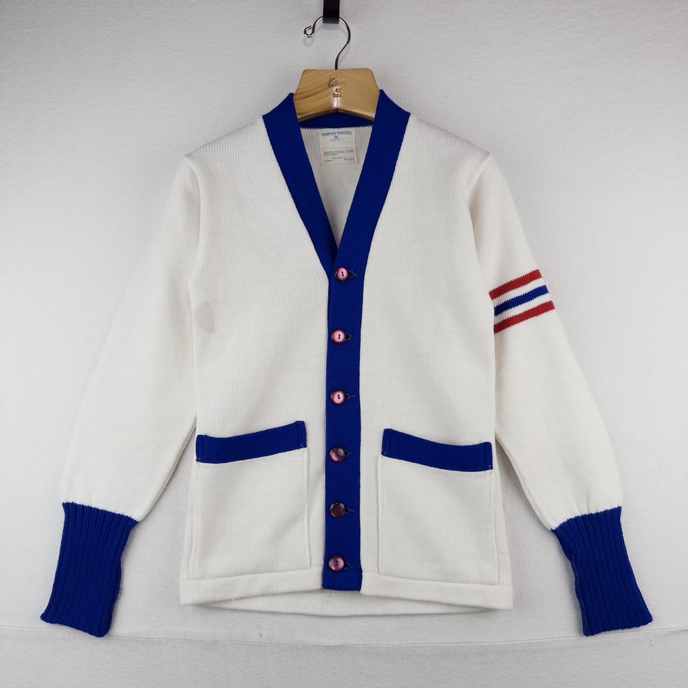 60's Vtg Champion Letterman Cardigan Sweater Red White Blue 32" Youth M (10-12)